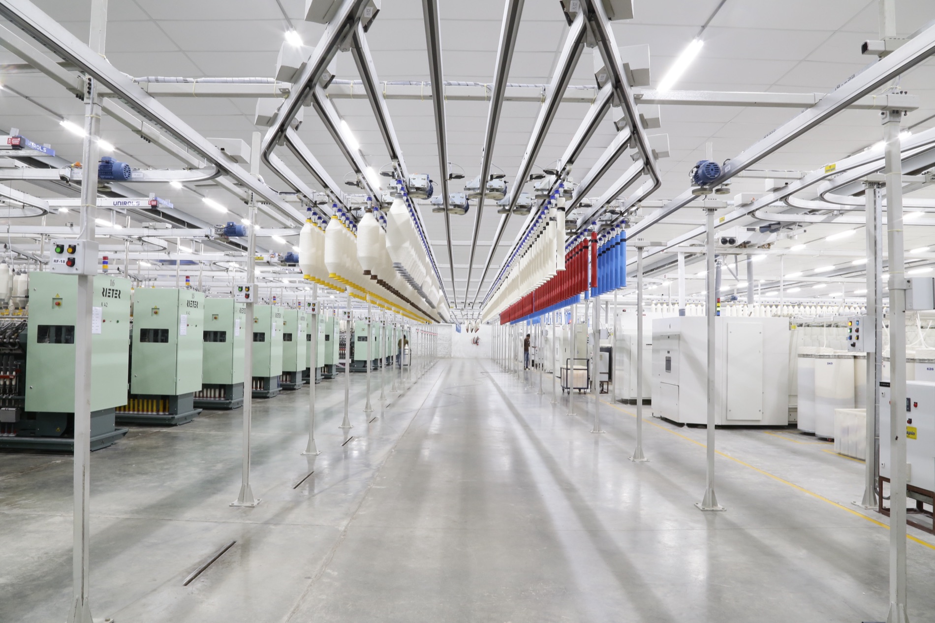 An Innospin Roving Transport System running the length of a spinning mill floor